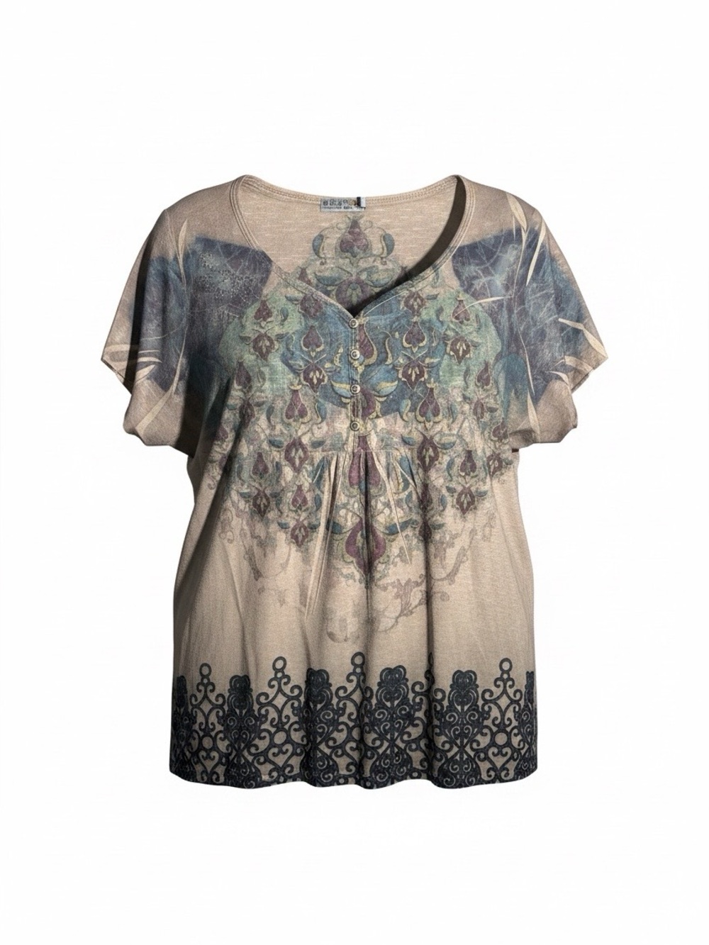 Unity Woman Tan Teal Purple Boho Burnout Print Embellished Top 3X